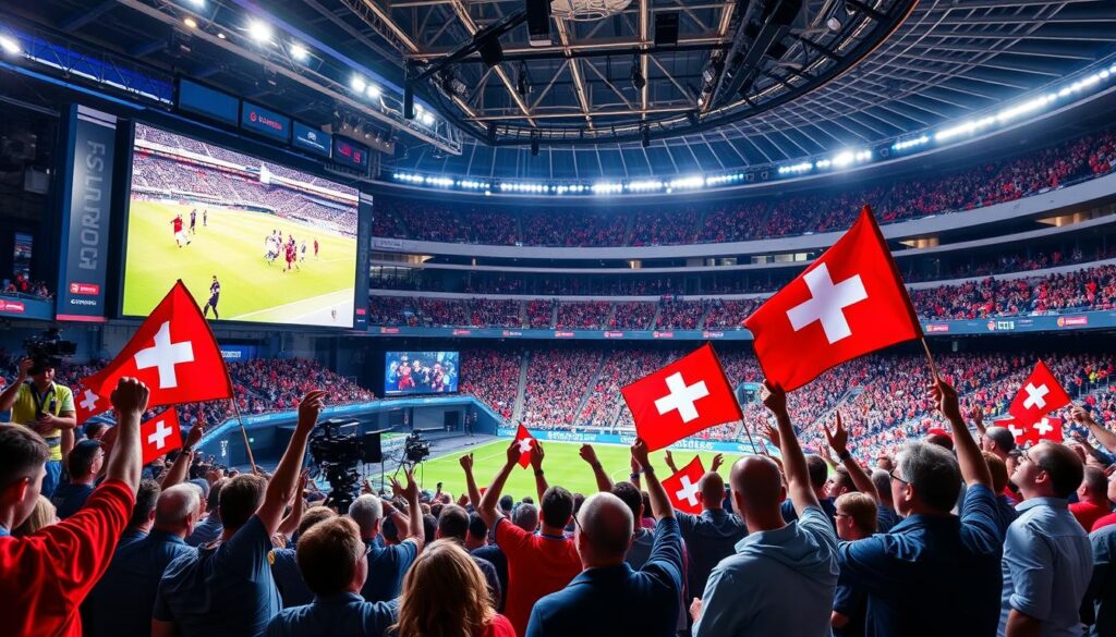 A dynamic sports arena with a large screen displaying live coverage of a Swiss football match. In the foreground, a group of passionate fans cheering and waving flags in the Swiss colors. The middle ground features camera crews and commentators analyzing the game, while the background showcases the iconic architecture of a modern Swiss TV studio. Bright, colorful lighting illuminates the scene, creating an energetic and immersive atmosphere. The overall composition captures the excitement and enthusiasm of Swiss TV's comprehensive sports coverage.