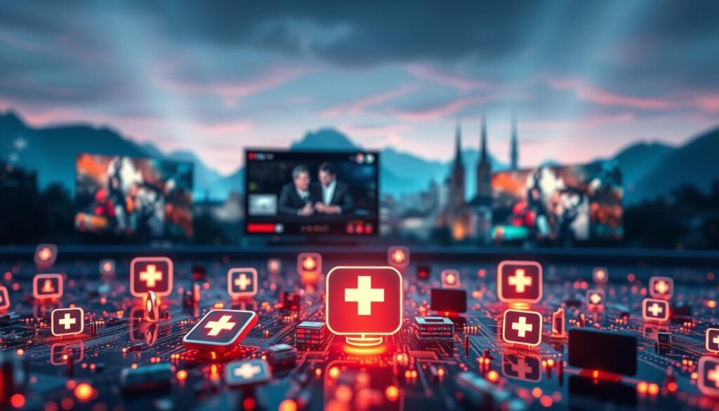 A futuristic and dynamic composition showcasing the leading Swiss TV streaming platforms. In the foreground, sleek and modern app icons float amidst a sea of data streams and digital signals, casting a warm glow. The middle ground features immersive, high-definition live-TV displays, showcasing the diverse content offerings. In the background, a skyline of iconic Swiss landmarks, bathed in a vibrant, saturated palette, creates a sense of national pride. Soft, directional lighting illuminates the scene, conveying a sense of technological innovation and seamless entertainment experiences. The overall mood is one of sophistication, connectivity, and the future of Swiss television.