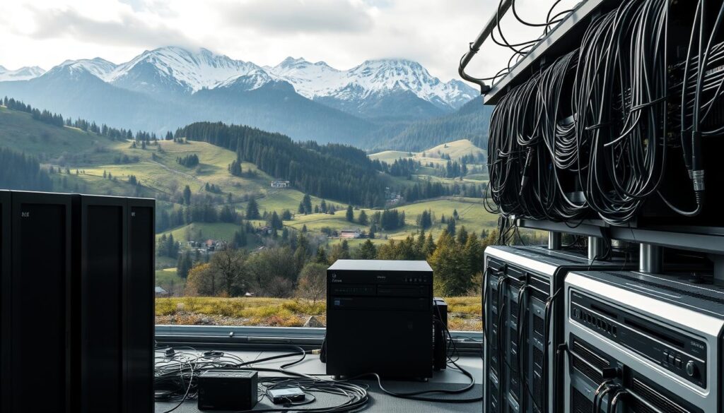 A pristine Swiss landscape, lush with rolling hills and snow-capped peaks, sets the backdrop for a modern IPTV streaming hub. In the foreground, sleek servers and high-tech equipment stand ready to deliver content to homes and businesses across the nation. Soft, diffused lighting illuminates the scene, creating a sense of technological sophistication. Cables and wires crisscross the middle ground, conveying the complex infrastructure that powers this cutting-edge IPTV network. The overall atmosphere is one of efficiency, innovation, and the seamless integration of digital media into the Swiss way of life.