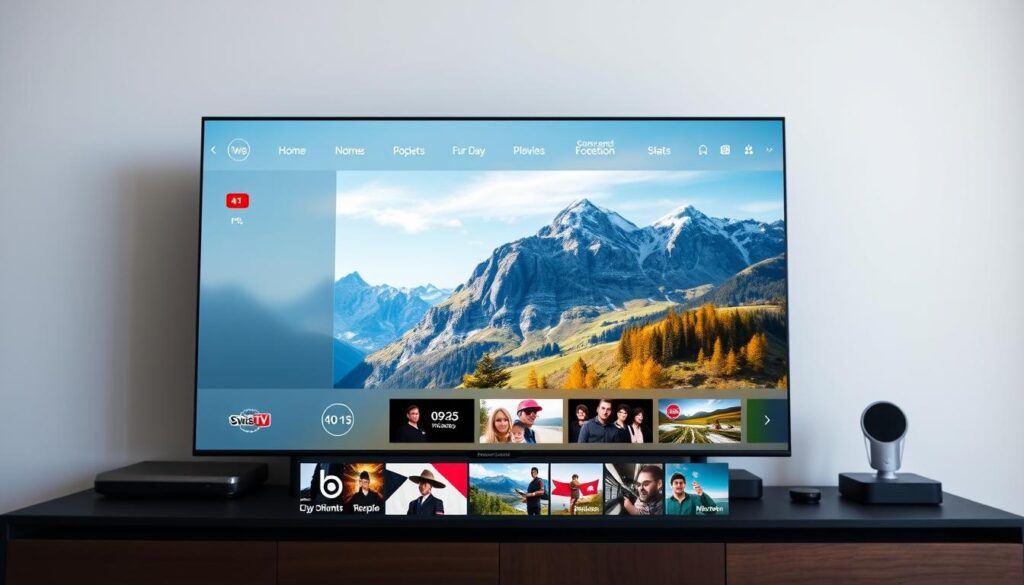 A sleek and modern Swiss IPTV service interface, showcasing its top features. In the foreground, a minimalist dashboard with intuitive icons and controls for browsing live TV channels, on-demand content, and personalized recommendations. The middle ground features a large, high-definition display showcasing a crisp, vibrant image of a scenic Swiss landscape, hinting at the service's diverse content library. The background is softly blurred, creating a sense of depth and focus on the interface. The overall mood is one of sophistication, efficiency, and the perfect blend of technology and Swiss precision.